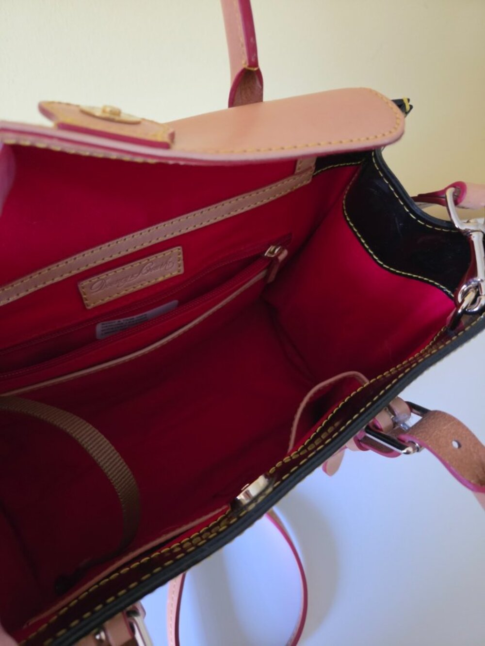 Dooney & Bourke Patent Leather Satchel Crossbody Black Red Interior - Picture 8 of 16